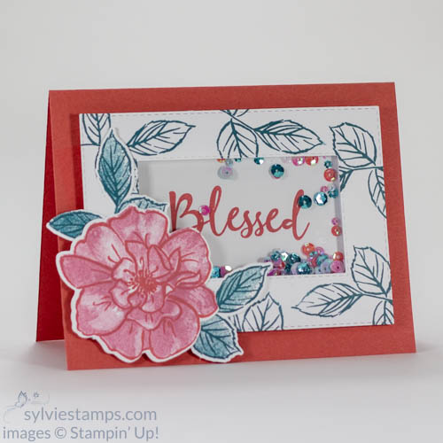 shaker card for a friend using To a Wild Rose stamp set and Woven Threads sequins